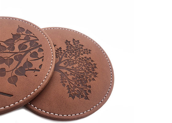 Brown Drink Coasters Set PU Leather Round Glass Coasters Debossed Logo