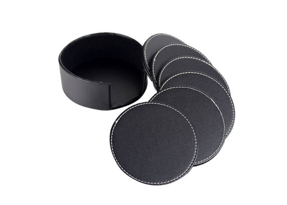Two Sides PU Leather Drink Coasters Set Round Black Glass Coasters