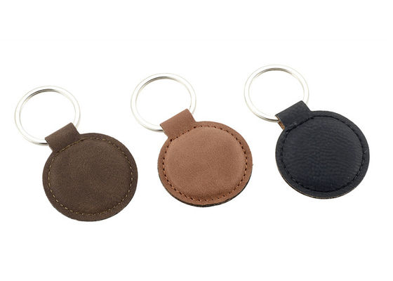 Debossing Logo PU Personalised Leather Keychain Round Zinc Alloy Brown