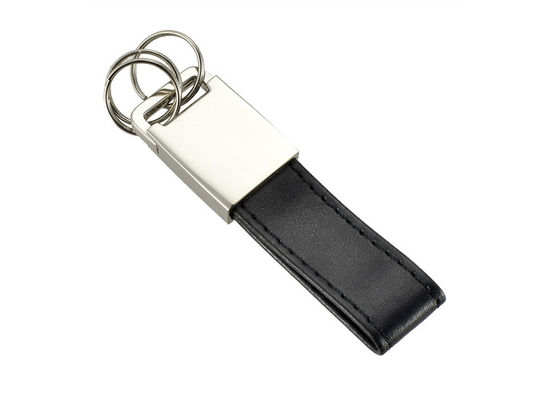 Good price Debossed Logo Metal Black PU Leather Keychain 3 Small Rings Keyring online